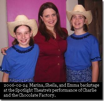 Marina, Sheila Alley, and Emma Jane backstage at the Spotlight Theatre's performance of Charlie and the Chocolate Factory. (c) The Pendleton Family Fiddlers